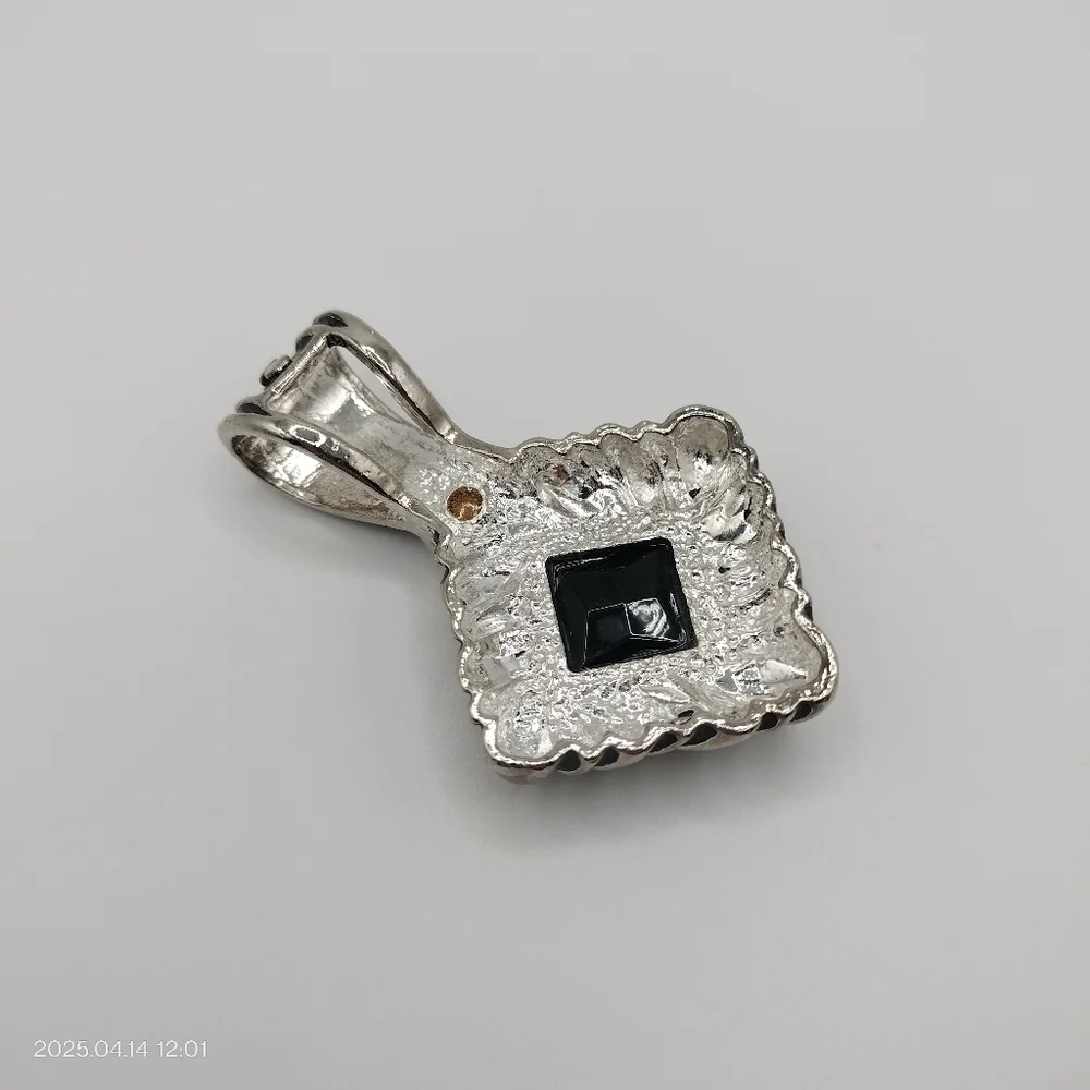 Women's Silver Tone and Black Square Pendant Accented Clear Rhinestone